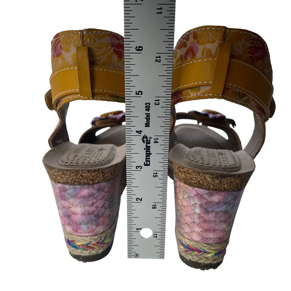 L'ATISTE Yellow Floral Leather Wedge Sandals with Pink Flower Accent